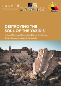 cover of the report 'destroying the soul of the yazidis' showing a destroyed yazidi shrine
