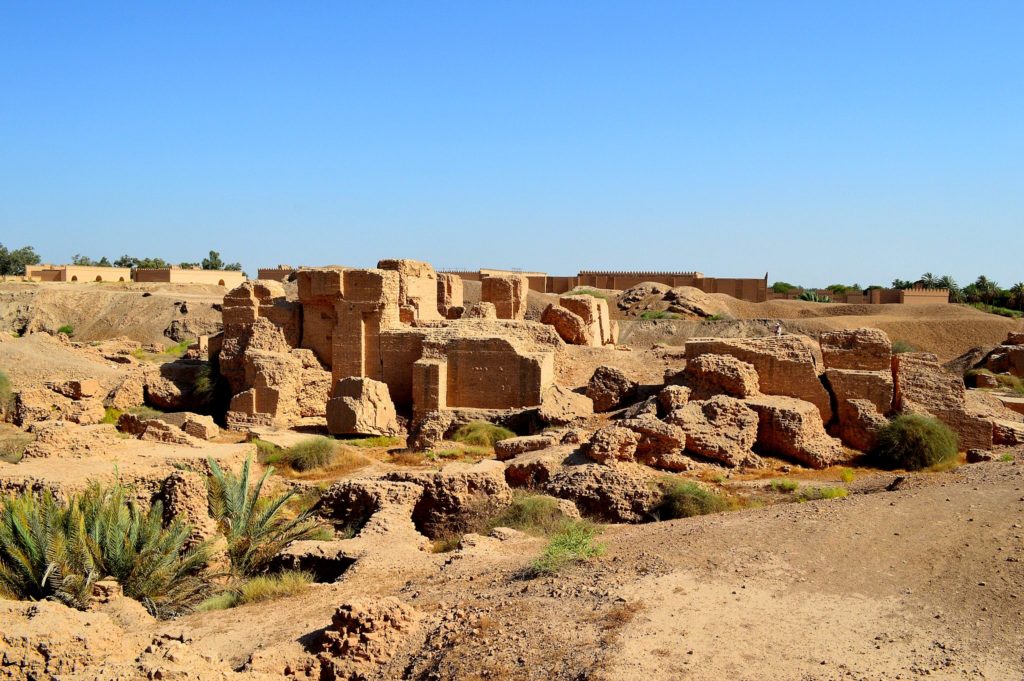 image illustrating the archaeological ruins of the north palace in Babylon, Iraq. remains of brick structures