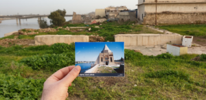 Image showing postcard of the Imam Yahya shrine in Old Mosul before destruction and its ruins after destruction in the background